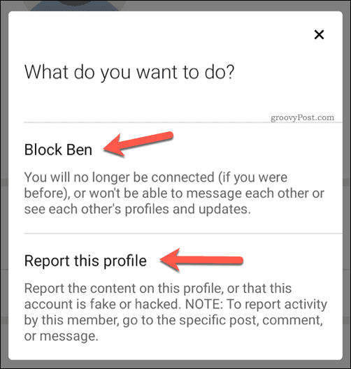Kiezen om een ​​gebruiker in LinkedIn te blokkeren of te rapporteren