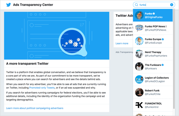 ALT Als u advertenties voor een bedrijf wilt bekijken, gaat u naar het Twitter Ads Transparency Center. 
