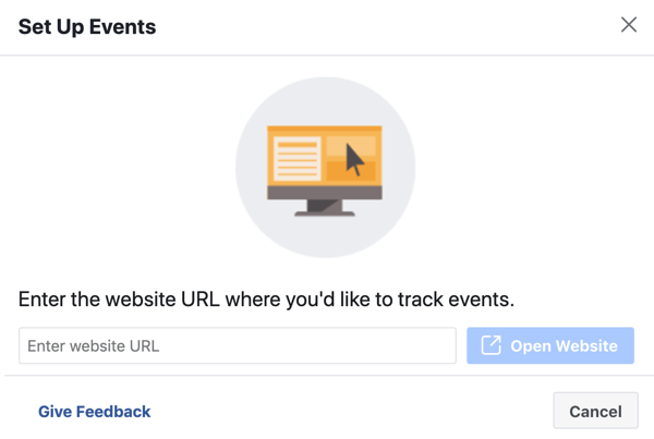 Gebruik de Facebook Event Setup Tool, stap 3, voer de website-URL in om pixelgebeurtenissen te installeren