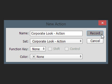 dialoogvenster nieuwe actie Photoshop-naam instellen functietoets kleurrecord actie batchbewerking