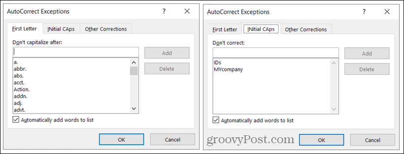 AutoCorrectie-uitzonderingen op Windows