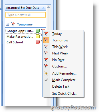 Taakbalk van Outlook 2007 - Klik met de rechtermuisknop op Vlag voor optiemenu