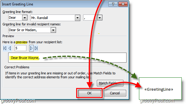 Screenshot van Outlook 2010 - laat de standaard begroetingsopties achter en klik op ok, er wordt ook een voorbeeld weergegeven