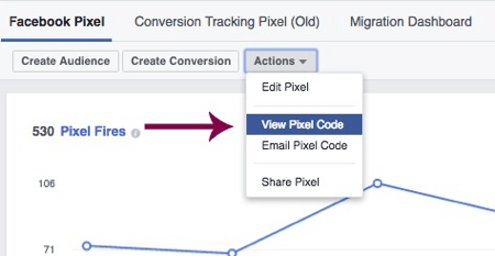 Klik op Pixelcode bekijken om toegang te krijgen tot uw unieke Facebook-pixel.