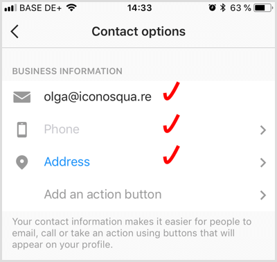 contactgegevens toevoegen voor een zakelijk Instagram-account