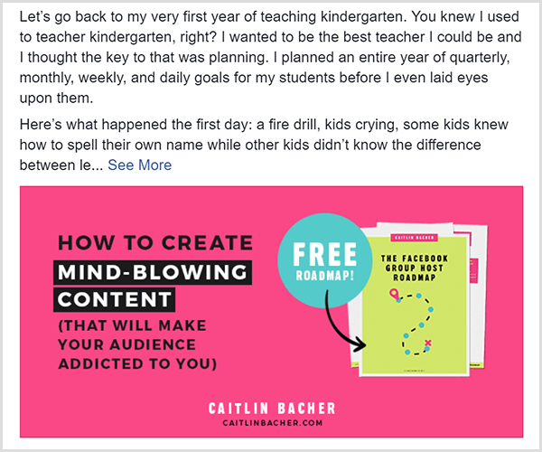 Een Facebook-bericht van Caitlin Bacher met een aanbieding voor haar gratis Facebook Group Roadmap. De aanbiedingsafbeelding heeft voornamelijk zwarte tekst op een roze achtergrond. De tekst Free Roadmap verschijnt in een lichtblauwe cirkel en wijst naar een omslag van de roadmap.