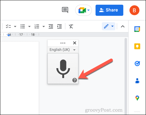 Help-knop voor spraakgestuurd typen van Google Documenten