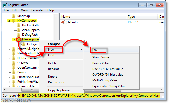 voeg een nieuwe subsleutel toe aan de NameSpace-sleutel in Windows 7