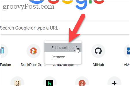 Selecteer Snelkoppeling bewerken op de pagina Chrome Nieuw tabblad
