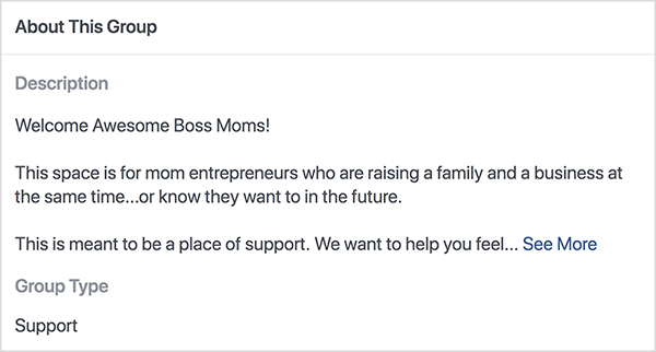 Dit is een screenshot van de beschrijving van de Boss Moms Facebook-groep die wordt gehost door Dana Malstaff. De beschrijving is zwarte tekst op een witte achtergrond. De eerste regel zegt "Welcome Awesome Boss Moms!". De tweede regel luidt: “Deze ruimte is voor moederondernemers die tegelijkertijd een gezin en een bedrijf stichten... of weten dat ze dat in de toekomst willen. " De derde regel zegt: “Dit is bedoeld als een steunpunt. We willen je helpen voelen... “En vervolgens verschijnt een link Zie Meer. Het groepstype is lijst als Ondersteuning.