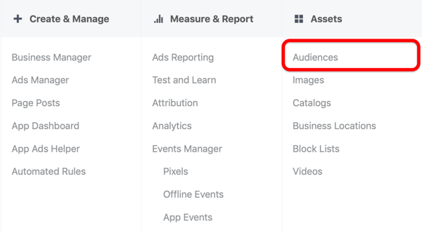 Optie om doelgroepen te selecteren onder Activa in het hoofdmenu van Facebook Ads Manager.