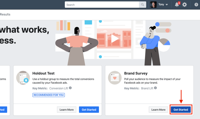 Aan de slag-knop voor merkonderzoek voor Facebook-experimenten