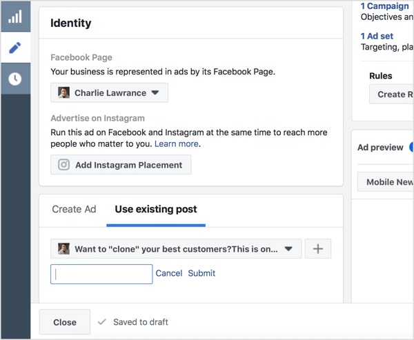 Selecteer Bestaande post gebruiken en voer de Facebook-post-ID in.