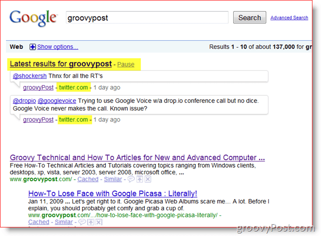 GroovyPost en Google Real-time zoeken