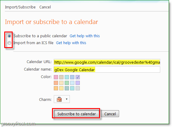 importeer of abonneer of voeg agenda toe aan Windows Live