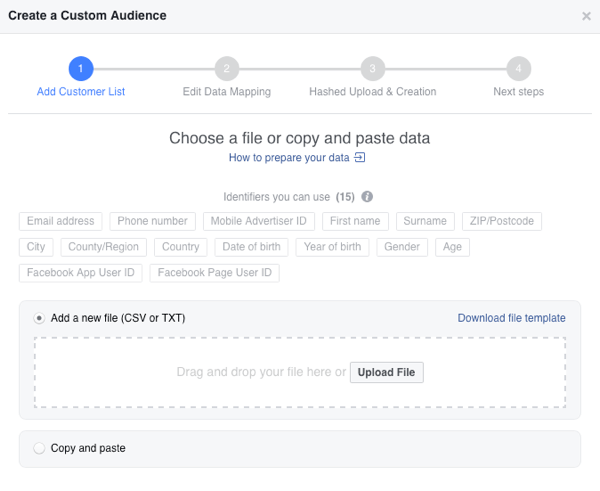Upload uw e-maillijst als een CSV-bestand om uw aangepaste e-mailpubliek op Facebook te creëren.