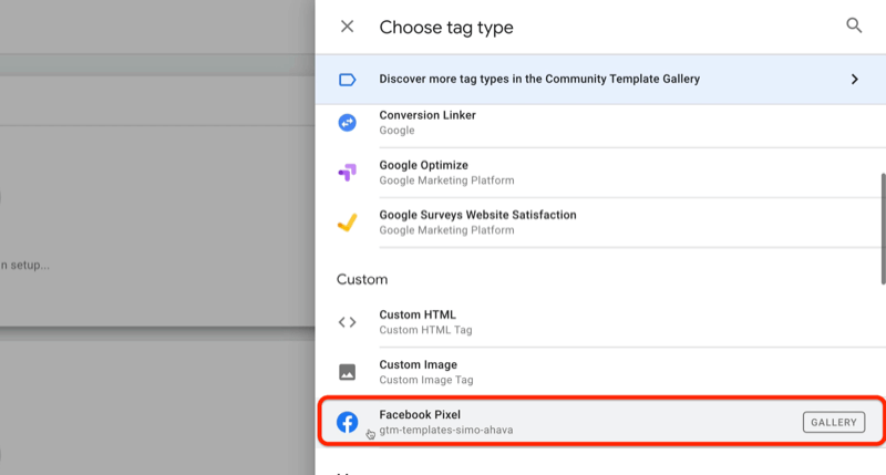 voorbeeld google tag manager nieuwe tag met het menu tagtype kiezen en de facebook pixeloptie gemarkeerd onder het aangepaste gedeelte