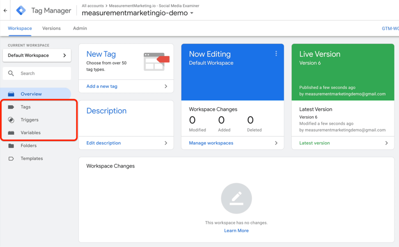 voorbeeld google tag manager-dashboard met menu-opties van tags, triggers en variabelen gemarkeerd