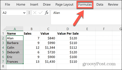 Excel formules menu