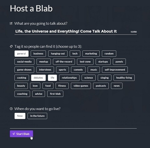 host een blab-scherm met tags