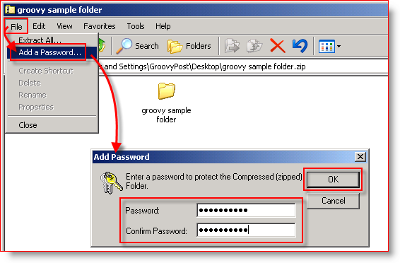 Ingebouwde compressie Windows XP - wachtwoord toevoegen