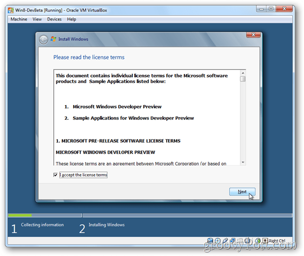 VirtualBox Windows 8 eula accepteert licentie