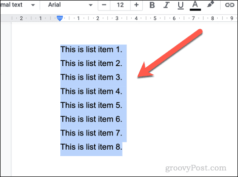 Geselecteerde tekst in Google Docs voor gebruik als lijst.