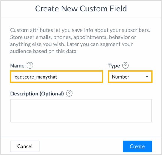 Kies een naam en selecteer een type in het dialoogvenster Nieuw aangepast veld maken in ManyChat.