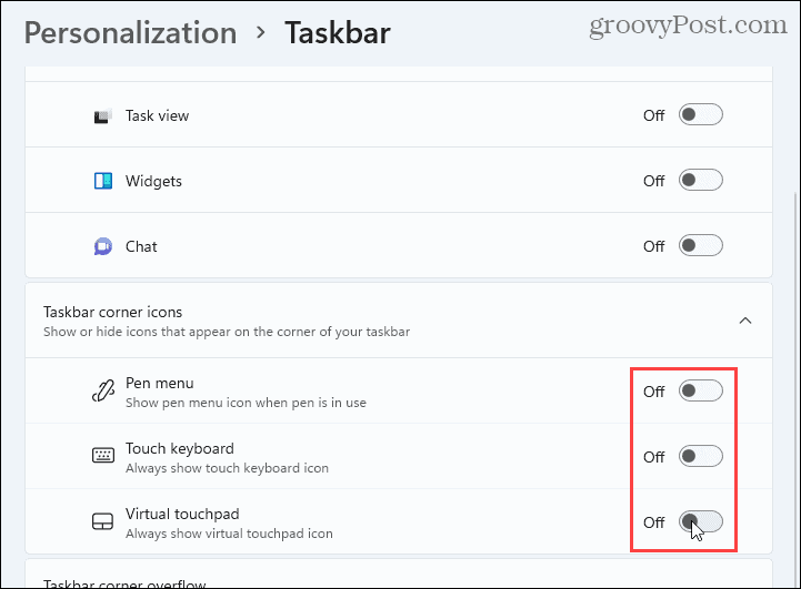 Verberg taakbalkhoekpictogrammen in Windows 11