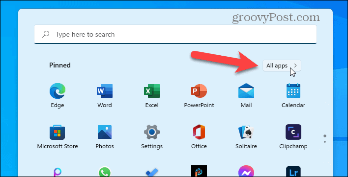 Klik op Alle apps in het menu Start van Windows 11