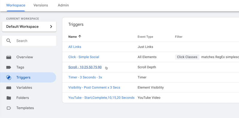 voorbeeld google tag manager dashboard-werkruimte met geselecteerde triggers en verschillende voorbeeldtriggers weergegeven met gebeurtenistype en eventuele filters vermeld
