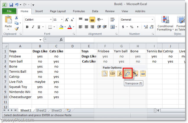 plakken in Excel met behulp van transponeren