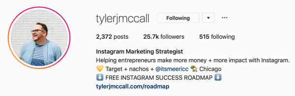 Voorbeeld van Instagram Business profielfoto en bio-informatie door @tylerjmccall.