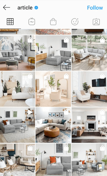 voorbeeld screenshot van de @article instagram feed die hun moderne meubels laat zien met veel natuurlijk licht en een filterstijl waarin blauw is verwerkt