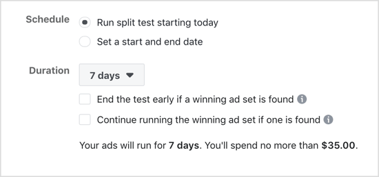 Selecteer de optie Split-test vanaf vandaag starten voor de split-test van Facebook.