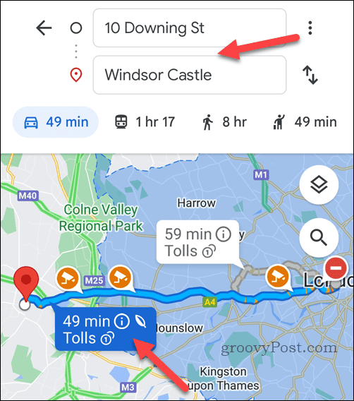 Selecteer bestemming en route in Google Maps op mobiel