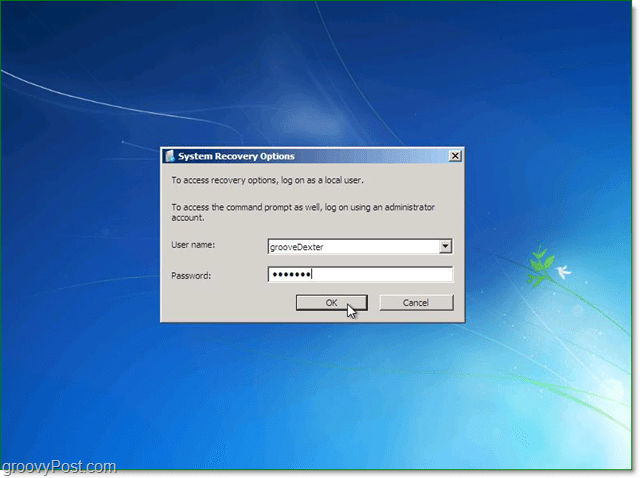 voer uw gebruikersnaam en wachtwoord in voor Windows 7 systeemherstel