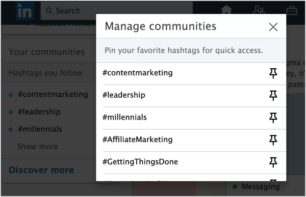 Klik op het pictogram Pin naast de LinkedIn-hashtags die u aan uw lijst wilt vastzetten.