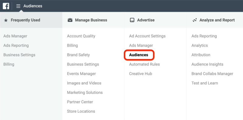 screenshot van de Audiences-optie rood omcirkeld in het Facebook Ads Manager-menu
