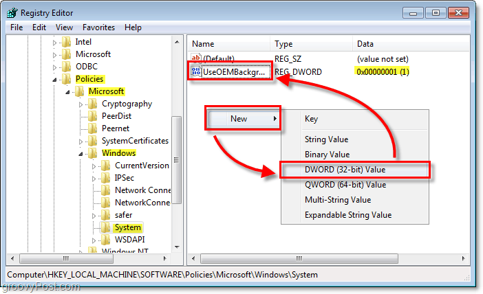 blader naar de Windows 7-registersleutel HKEY_LOCAL_MACHINESOFTWAREPoliciesMicrosoftWindowsSystem