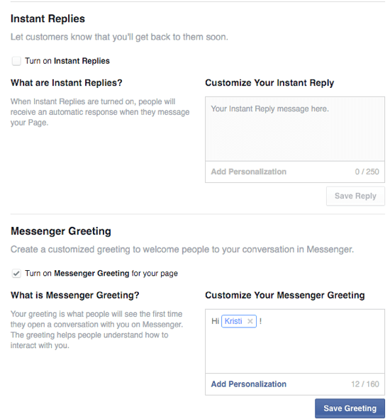 opties voor Facebook directe antwoorden en groeten