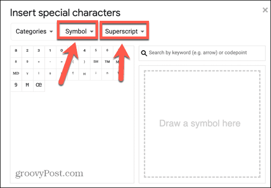 google docs symbool superscript