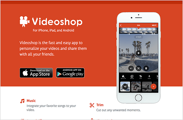 Dit is een screenshot van de website van de Videoshop-app. De achtergrond is rood en de tekst is wit. Links van de app-naam staat een filmcamerapictogram. Onder de naam van de app staat de tekst 