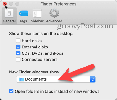 Klik op de vervolgkeuzelijst Nieuwe Finder-vensters tonen in Finder-voorkeuren op uw Mac