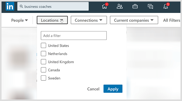 De LinkedIn-pagina met zoekresultaten heeft filters voor locatieverbindingen en bedrijf.