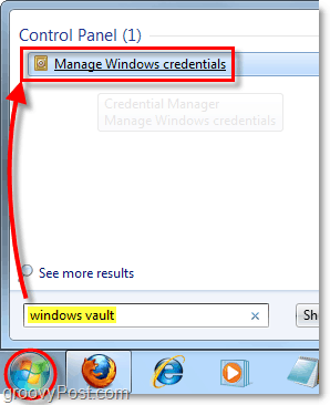 toegang tot Windows Vault vanuit het startmenu zoeken in Windows 7