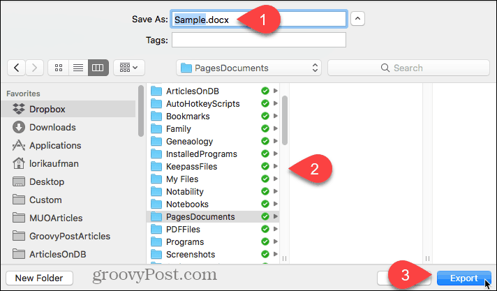 Selecteer de locatie voor het geëxporteerde bestand en klik op Exporteren in Pages voor Mac