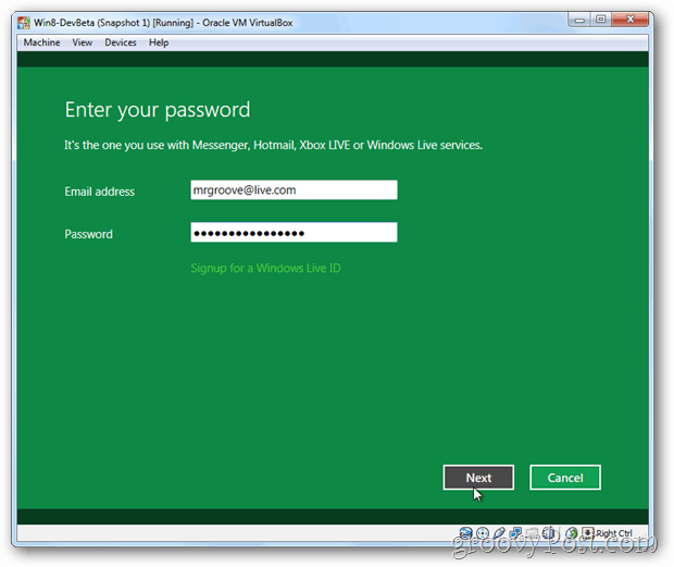 VirtualBox Windows 8 link live-id
