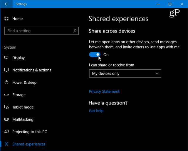Gedeelde ervaringen inschakelen en gebruiken in Windows 10