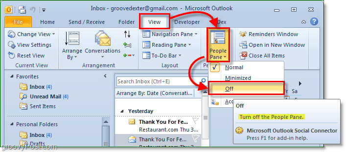 hoe het mensenvenster in Microsoft Office Outlook 2010 uit te schakelen